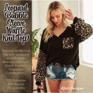 Leopard Bubble Sleeve Waffle Knit Top
